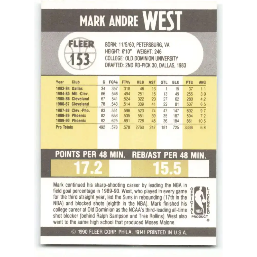1990-91 Fleer #153 Mark West EX Excellent Phoenix Suns Basketball Card