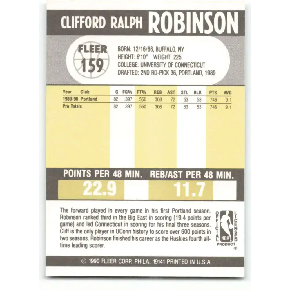 1990-91 Fleer #159 Clifford Robinson EX Excellent RC Rookie Portland Trail Blazers Basketball Card - Basketball Card
