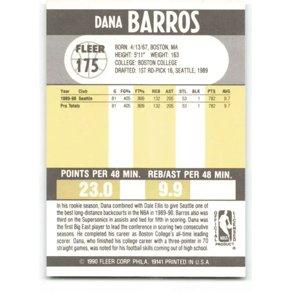 1990-91 Fleer #175 Dana Barros EX Excellent RC Rookie Seattle SuperSonics Basketball Card - Basketball Card Single