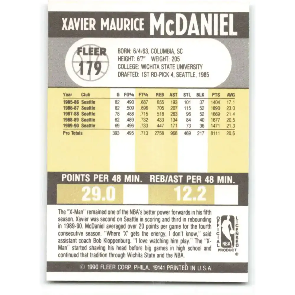 1990-91 Fleer #179 Xavier McDaniel EX Excellent Seattle SuperSonics Basketball Card - Basketball Card Single