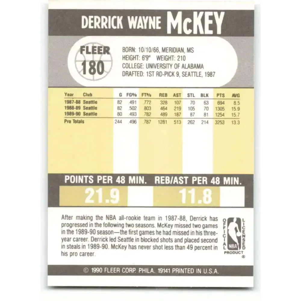 1990-91 Fleer #180 Derrick McKey EX Excellent Seattle SuperSonics Basketball Card - Basketball Card Single