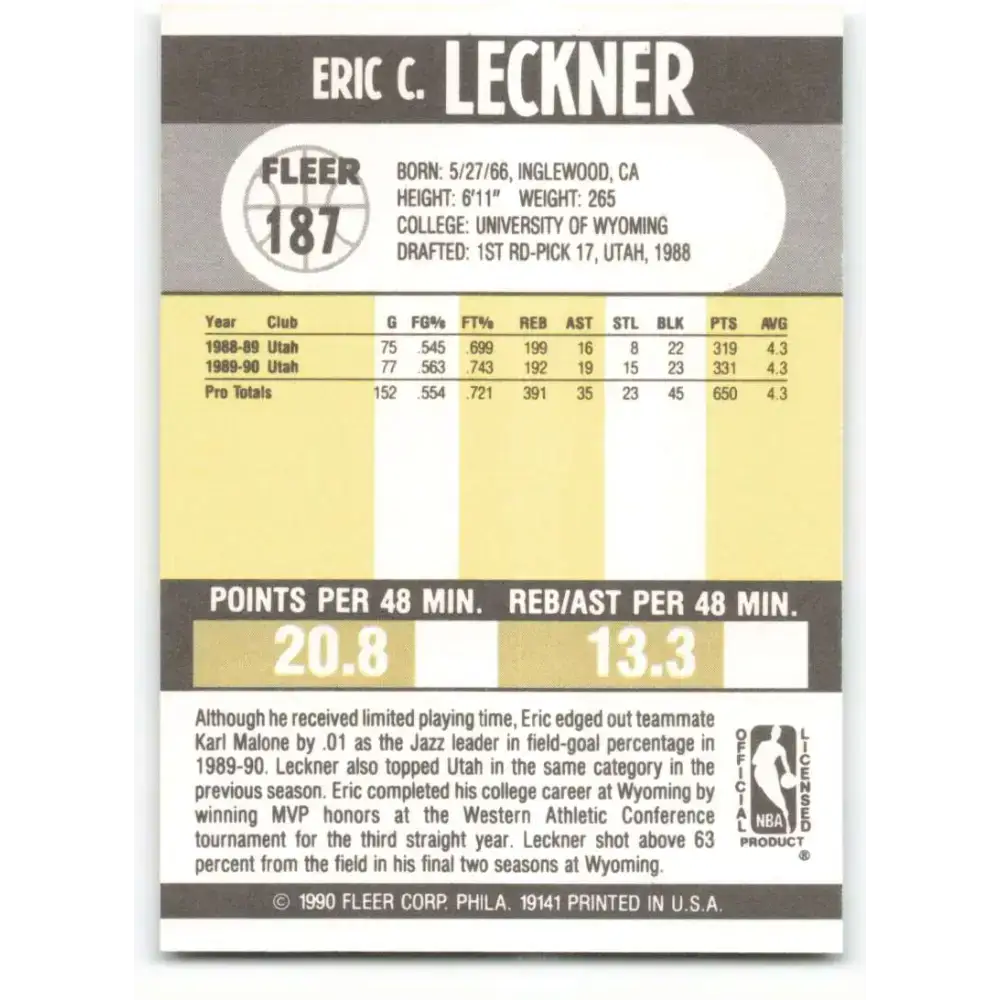 1990-91 Fleer #187 Eric Leckner EX Excellent Sacramento Kings Basketball Card
