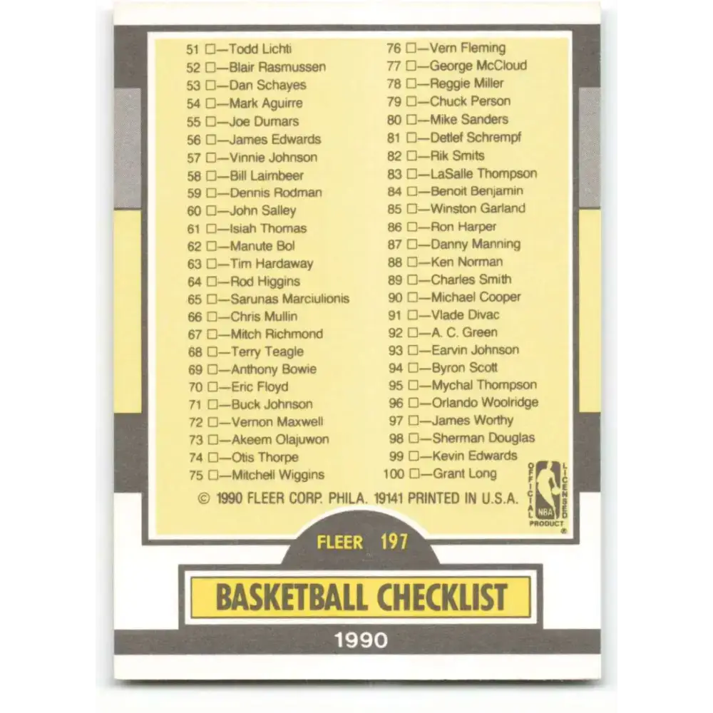1990-91 Fleer #197 Checklist 1-99 EX Excellent Basketball Card