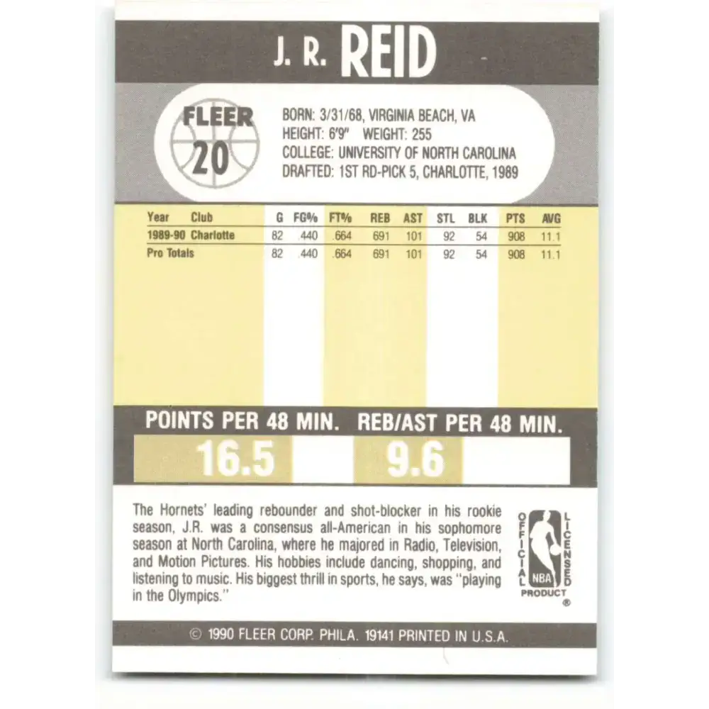 1990-91 Fleer #20 J.R. Reid EX Excellent RC Rookie Charlotte Hornets Basketball Card - Basketball Card Single