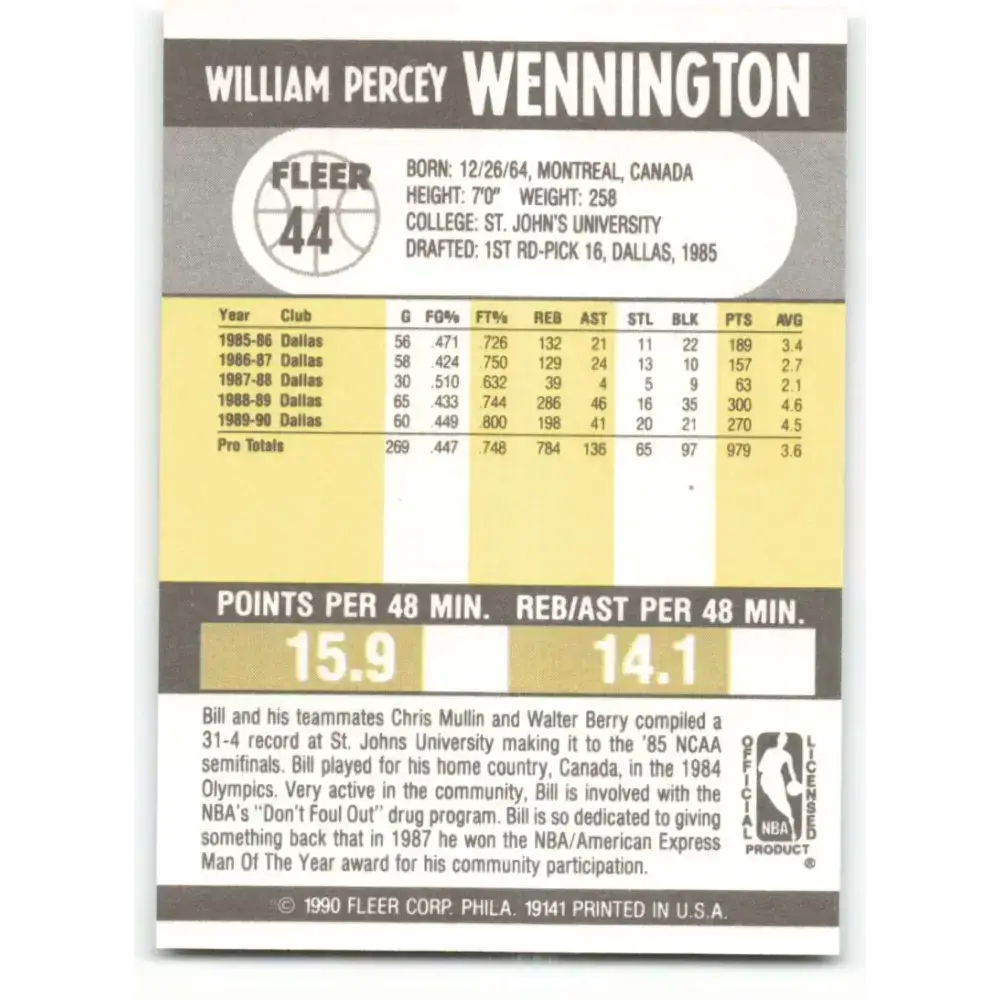 1990-91 Fleer #44 Bill Wennington EX Excellent Dallas Mavericks Basketball Card - Basketball Card Single