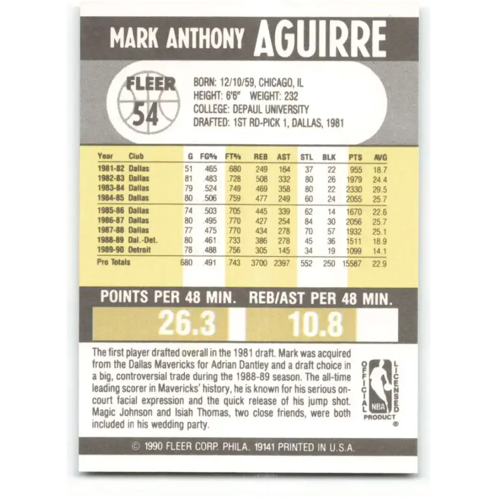 1990-91 Fleer #54 Mark Aguirre EX Excellent Detroit Pistons Basketball Card - Basketball Card Single