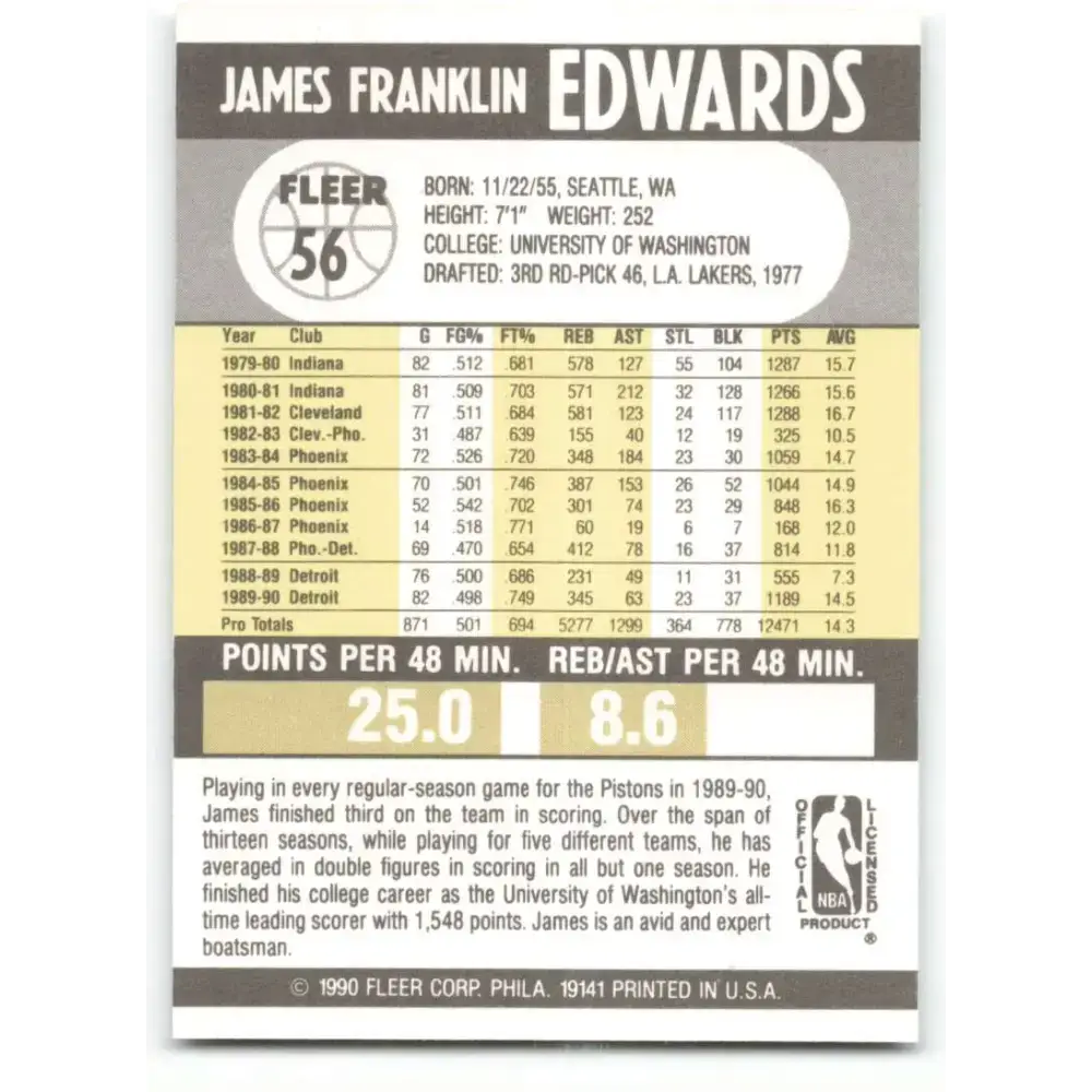 1990-91 Fleer #56 James Edwards EX Excellent Detroit Pistons Basketball Card - Basketball Card Single