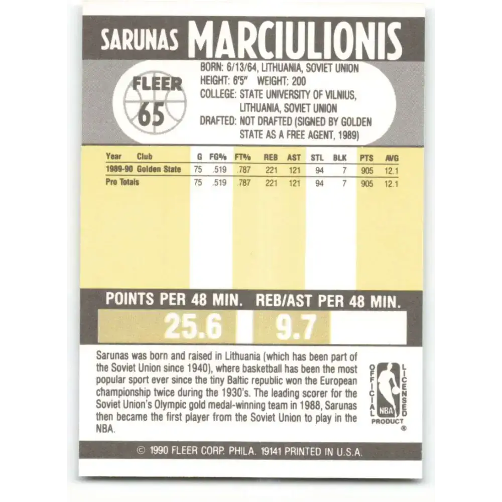 1990-91 Fleer #65 Sarunas Marciulionis EX Excellent RC Rookie Golden State Warriors Basketball Card - Basketball Card
