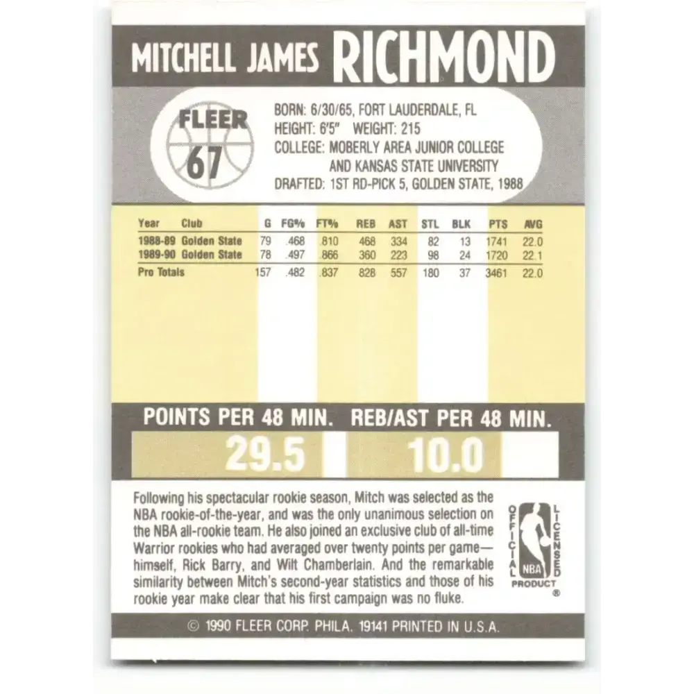 1990-91 Fleer #67 Mitch Richmond EX Excellent Golden State Warriors Basketball Card - Basketball Card Single
