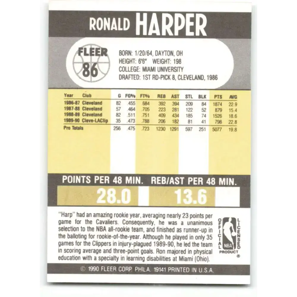 1990-91 Fleer #86 Ron Harper EX Excellent Los Angeles Clippers Basketball Card - Basketball Card Single