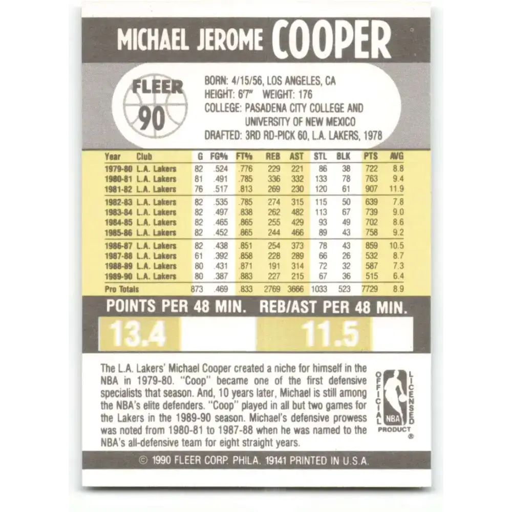 1990-91 Fleer #90 Michael Cooper EX Excellent Los Angeles Lakers Basketball Card - Basketball Card Single