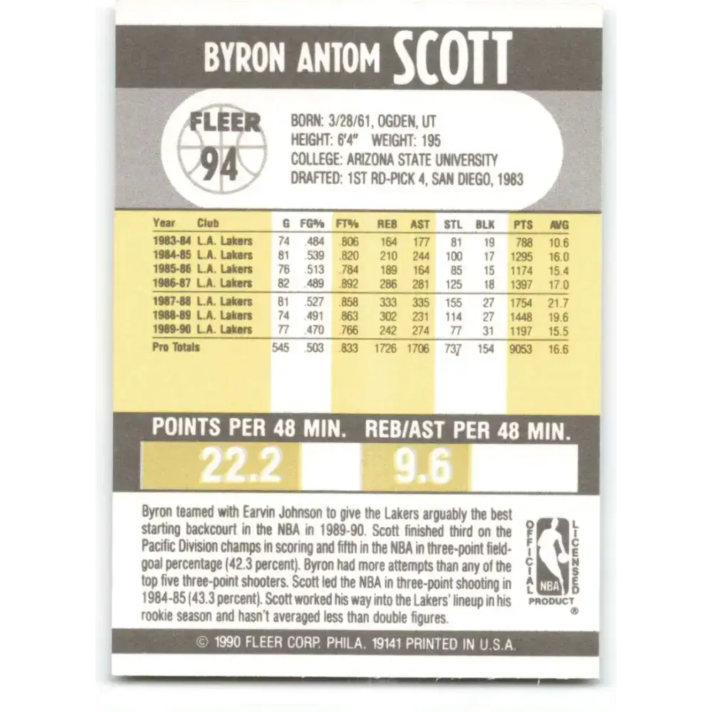 1990-91 Fleer #94 Byron Scott EX Excellent Los Angeles Lakers Basketball Card - Basketball Card Single