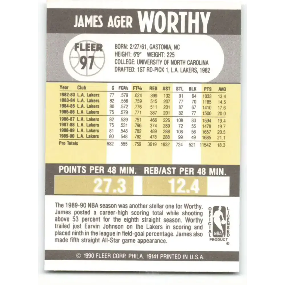 1990-91 Fleer #97 James Worthy EX Excellent Los Angeles Lakers Basketball Card