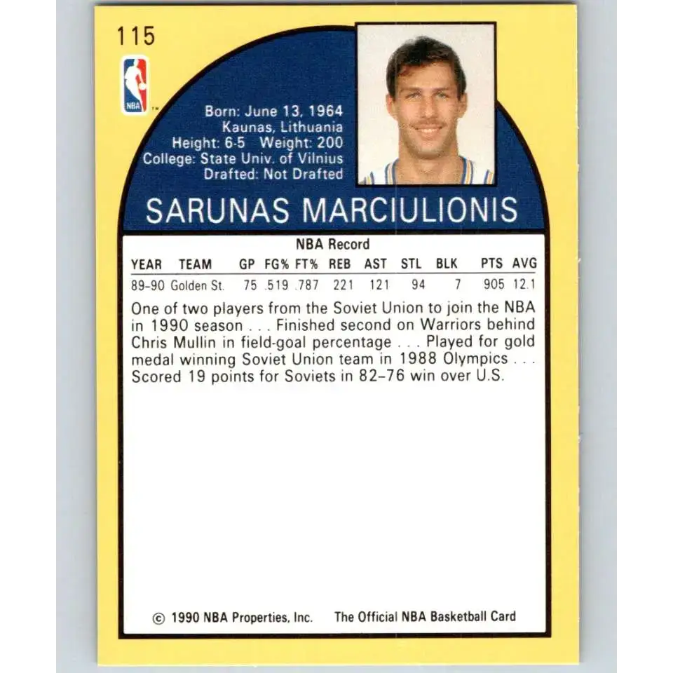 1990-91 Hoops #115 Sarunas Marciulionis NM-MT RC Rookie Golden State Warriors Basketball Card - Basketball Card Single
