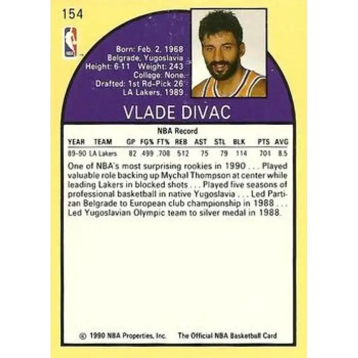 1990-91 Hoops #154 Vlade Divac NM-MT RC Rookie Los Angeles Lakers Basketball Card - Basketball Card Single