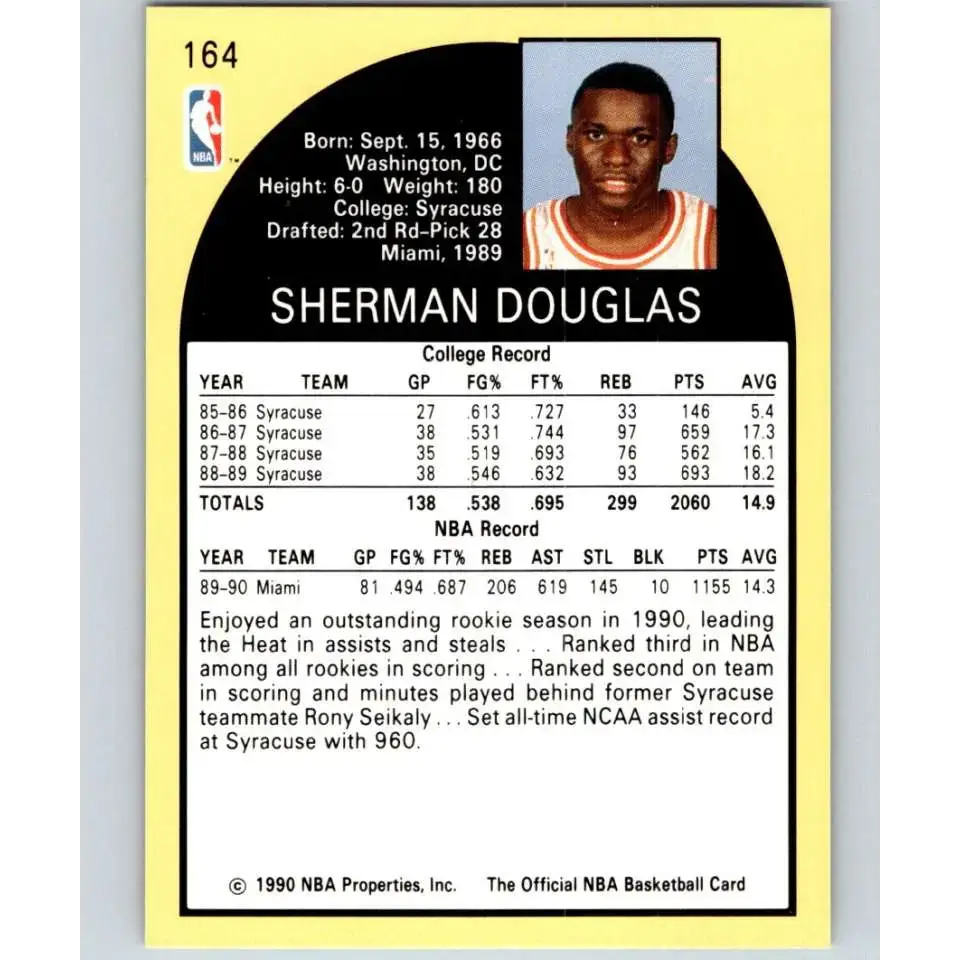 1990-91 Hoops #164 Sherman Douglas NM-MT RC Rookie Miami Heat Basketball Card - Basketball Card Single