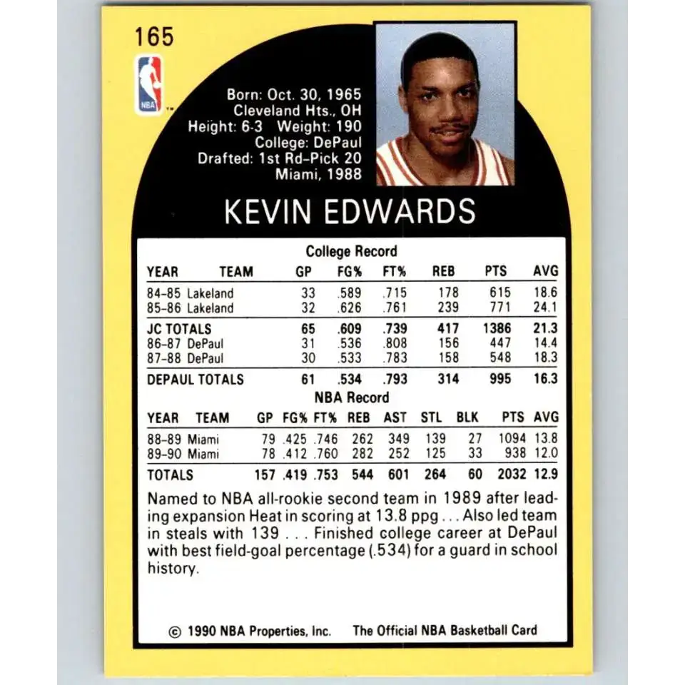 1990-91 Hoops #165 Kevin Edwards NM-MT Miami Heat Basketball Card - Basketball Card Single