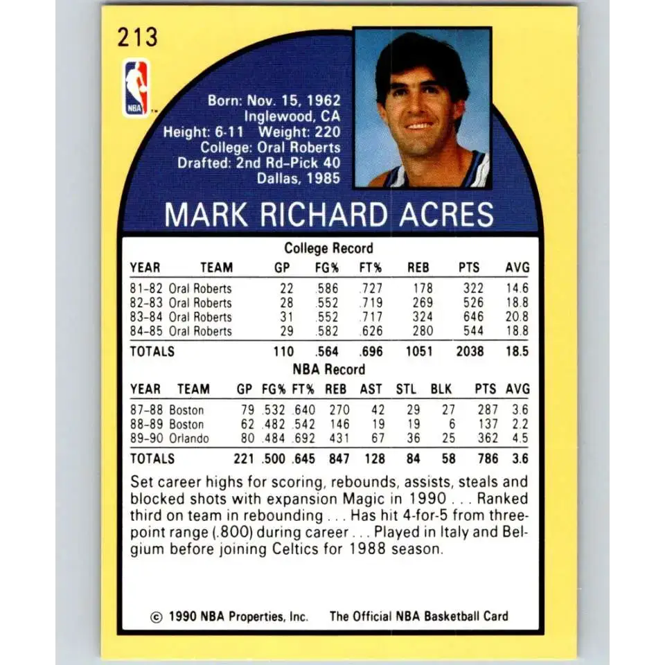 1990-91 Hoops #213 Mark Acres NM-MT Orlando Magic Basketball Card - Basketball Card Single