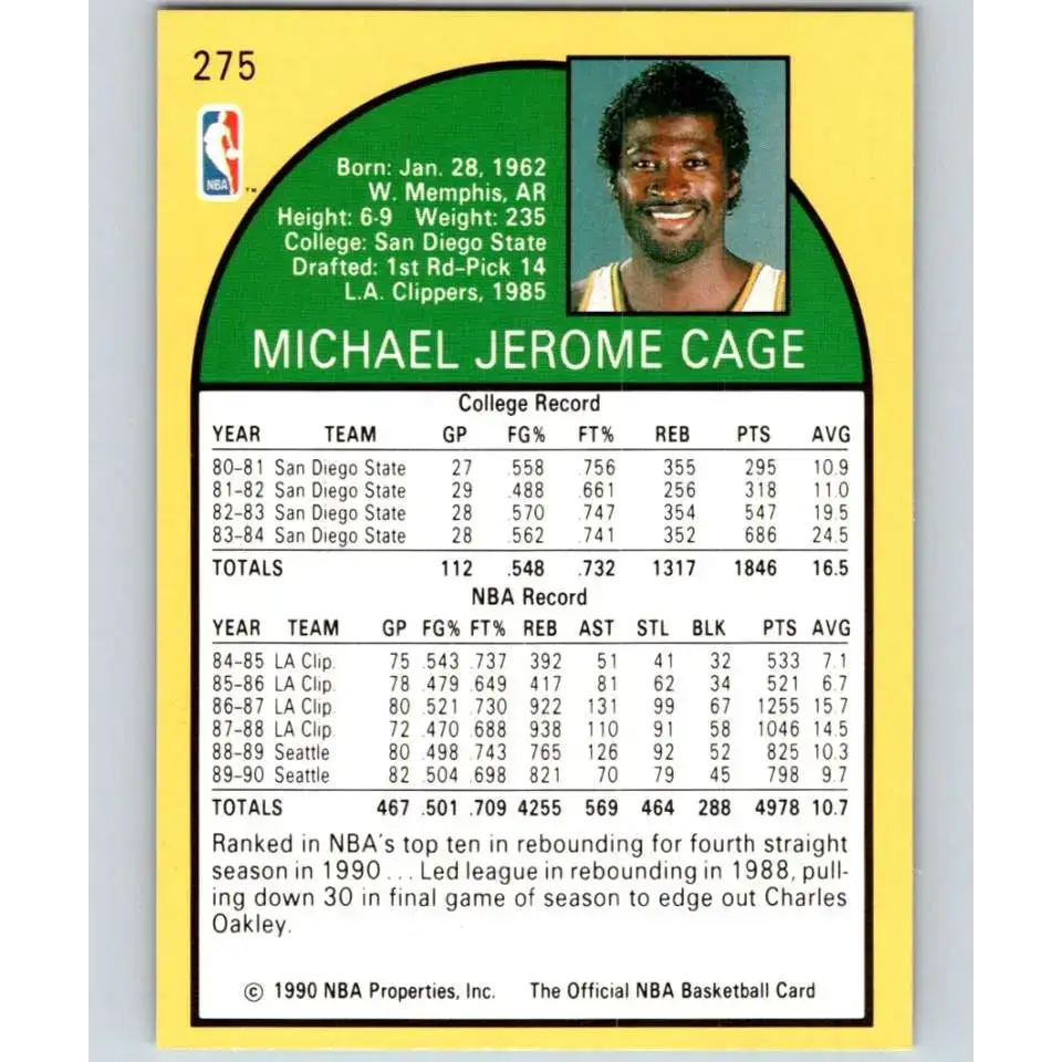 1990-91 Hoops #275 Michael Cage UER NM-MT Seattle SuperSonics Basketball Card - Basketball Card Single