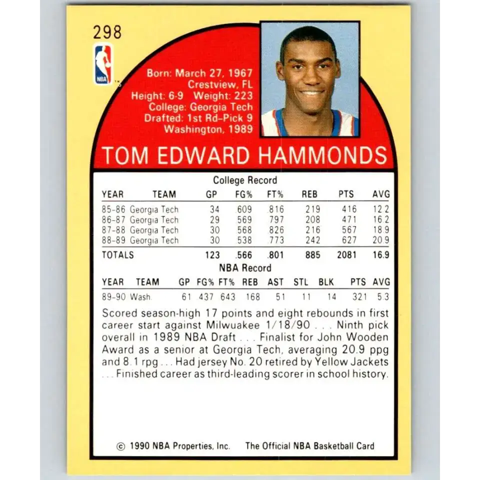1990-91 Hoops #298a Tom Hammonds ERR NM-MT RC Rookie Washington Bullets Basketball Card - Basketball Card Single