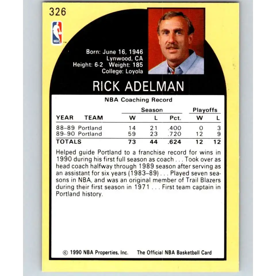 1990-91 Hoops #326 Rick Adelman CO NM-MT Portland Trail Blazers Basketball Card - Basketball Card Single