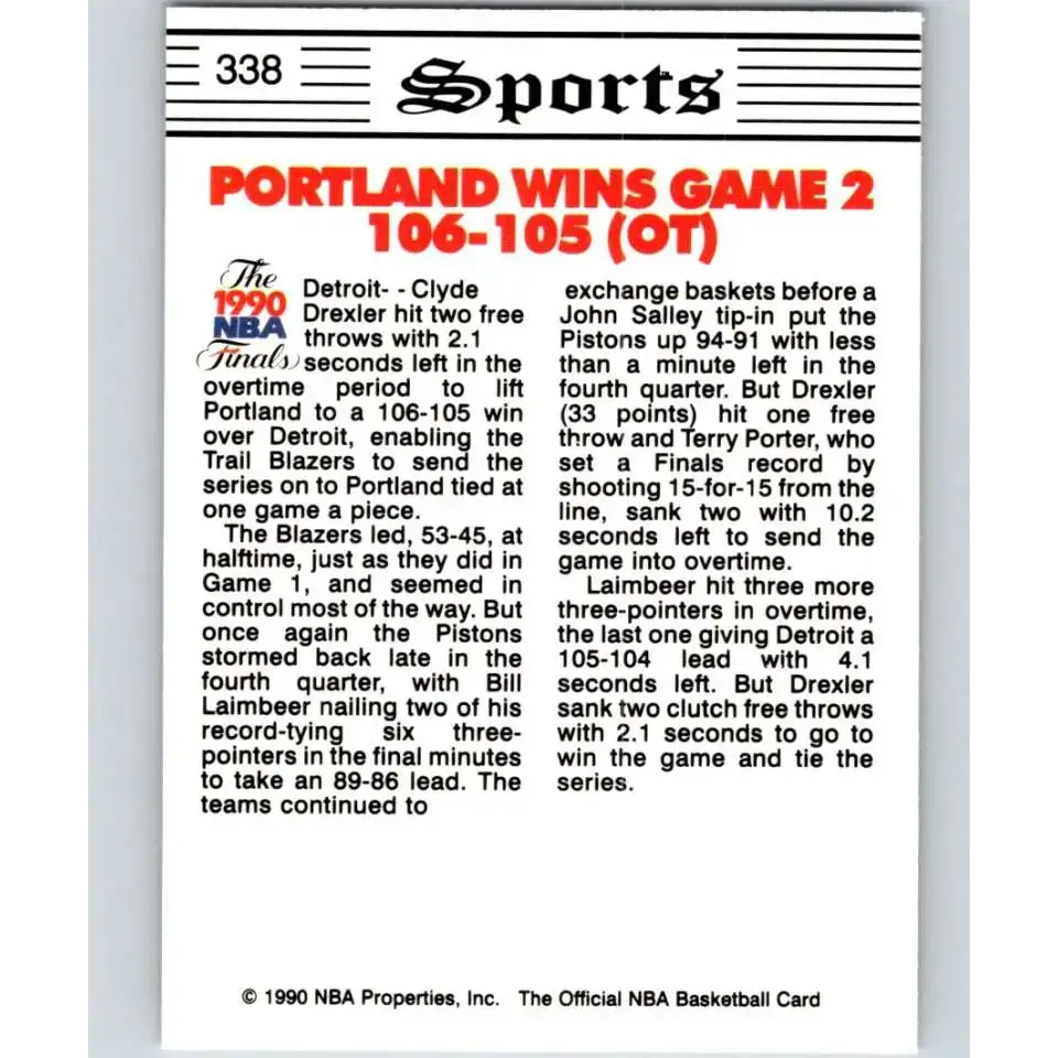 1990-91 Hoops #338 NBA Final Game 2 NM-MT Detroit Pistons/Portland Trail Blazers Basketball Card - Basketball Card