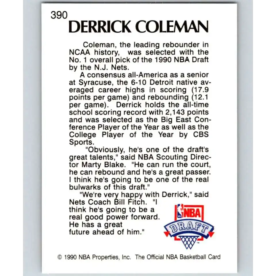 1990-91 Hoops #390 Derrick Coleman NM-MT RC Rookie New Jersey Nets Basketball Card - Basketball Card Single