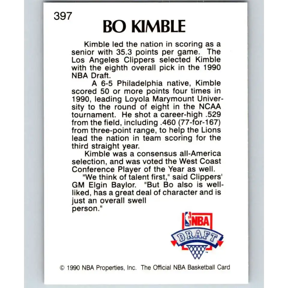 1990-91 Hoops #397 Bo Kimble NM-MT RC Rookie Los Angeles Clippers Basketball Card - Basketball Card Single