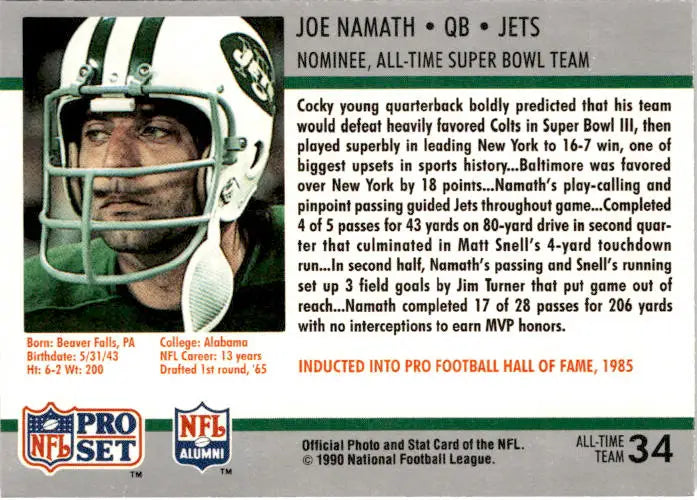 1990-91 Pro Set Super Bowl XXV Silver Anniversary Commemorative #34 Joe Namath - Football Card Single