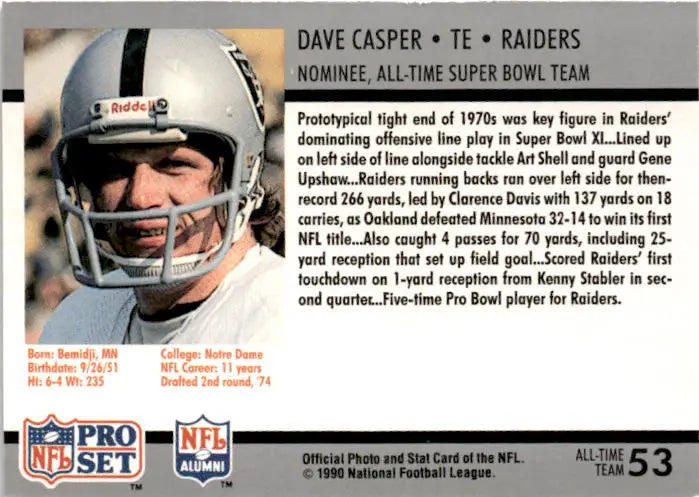 1990-91 Pro Set Super Bowl XXV Silver Anniversary Commemorative #53 Dave Casper - Football Card Single