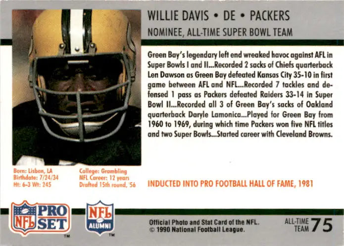 1990-91 Pro Set Super Bowl XXV Silver Anniversary Commemorative #75 Willie Davis - Football Card Single