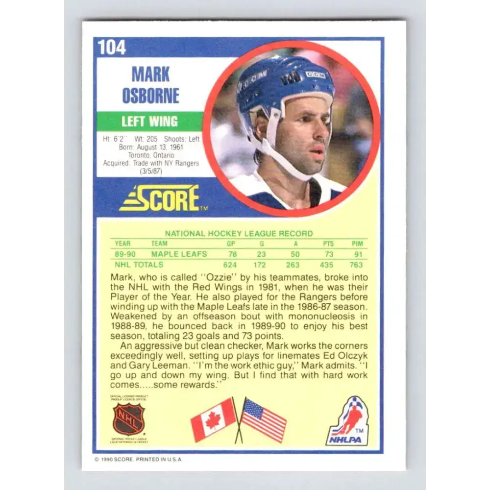 1990-91 Score #104 Mark Osborne NM-MT Toronto Maple Leafs Hockey Card - Hockey Card Single