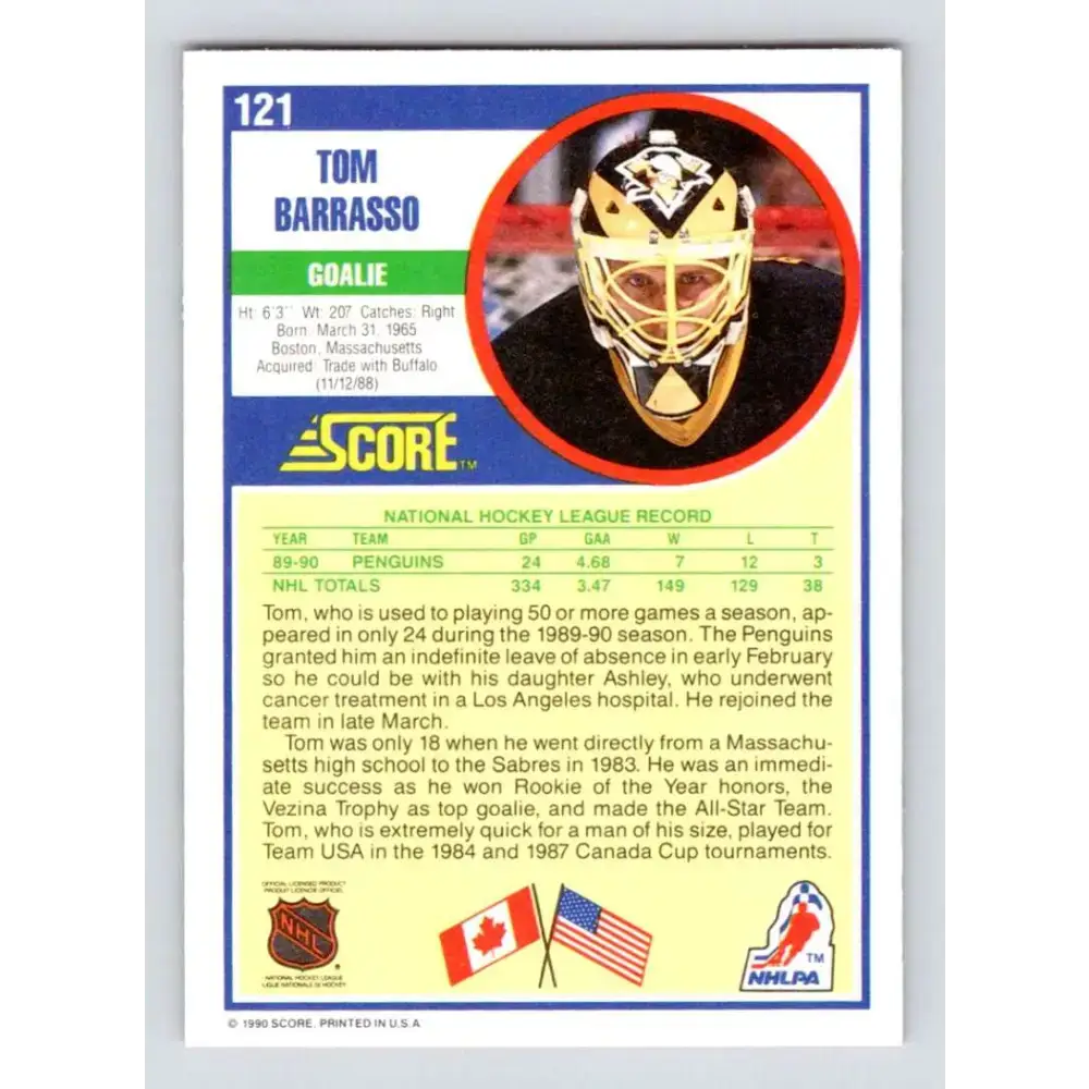 1990-91 Score #121 Tom Barrasso NM-MT Pittsburgh Penguins Hockey Card - Hockey Card Single