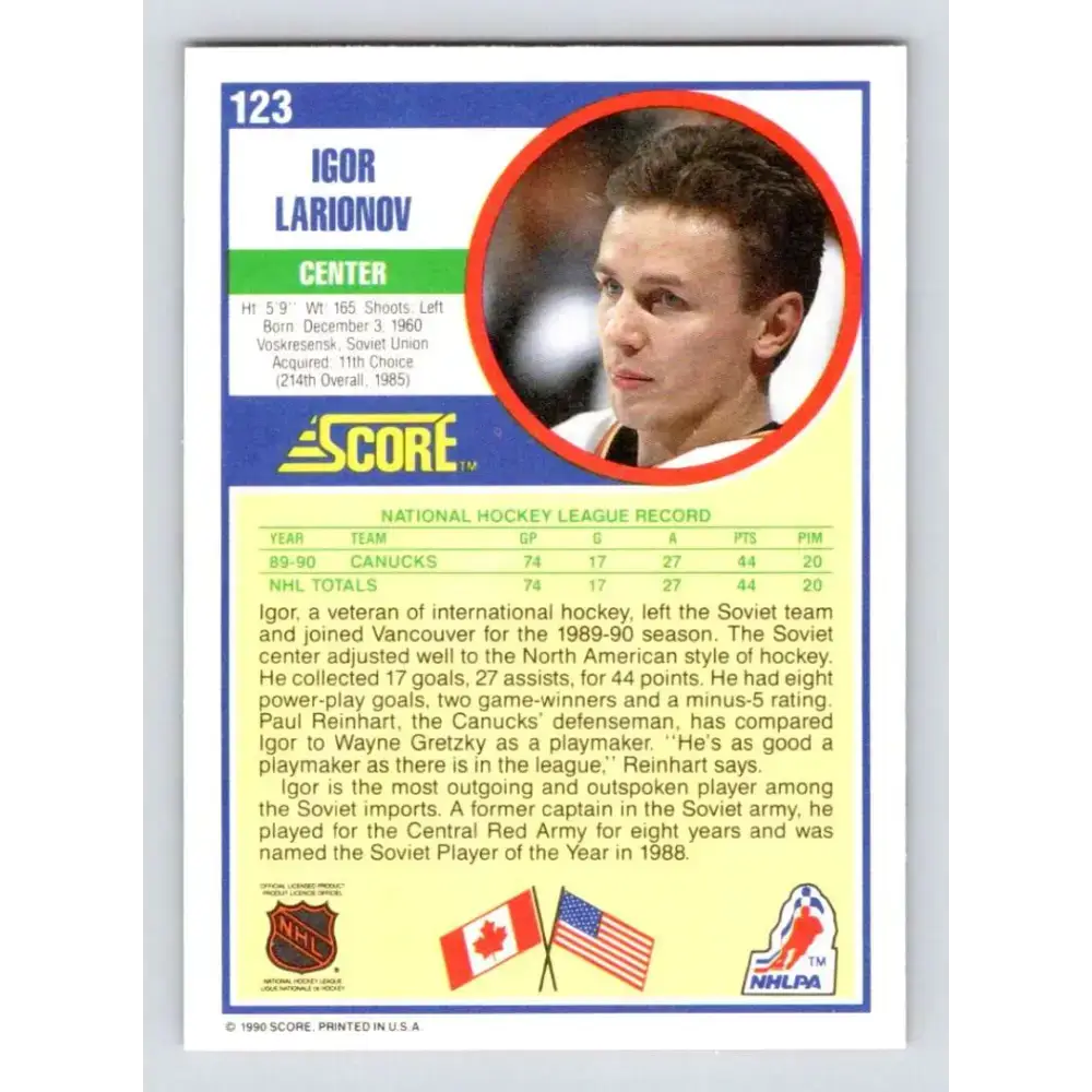 1990-91 Score #123 Igor Larionov NM-MT RC Rookie Vancouver Canucks Hockey Card - Hockey Card Single