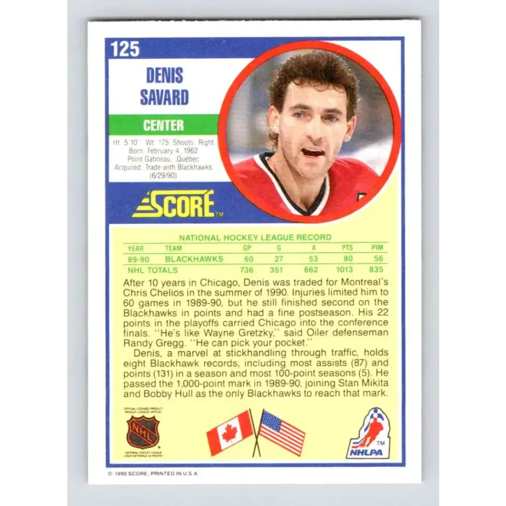 1990-91 Score #125 Denis Savard NM-MT Chicago Blackhawks Hockey Card - Hockey Card Single