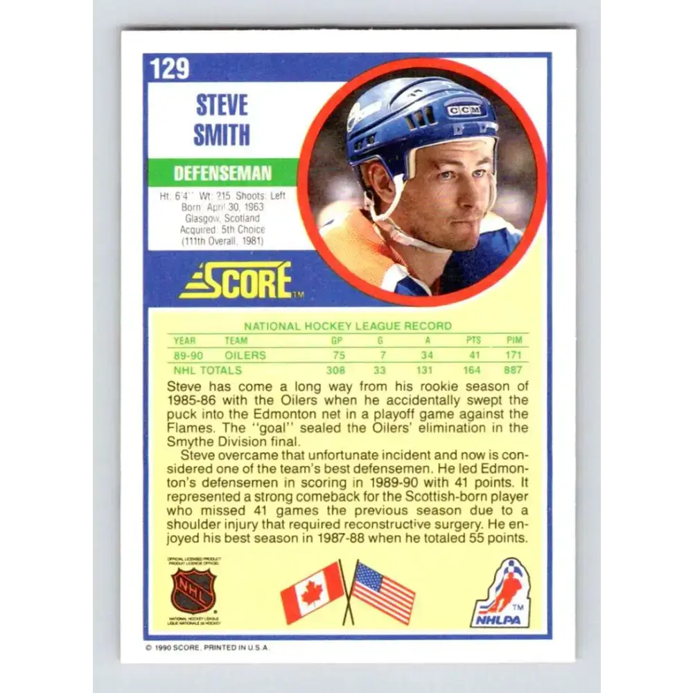 1990-91 Score #129 Steve Smith NM-MT Edmonton Oilers Hockey Card - Hockey Card Single
