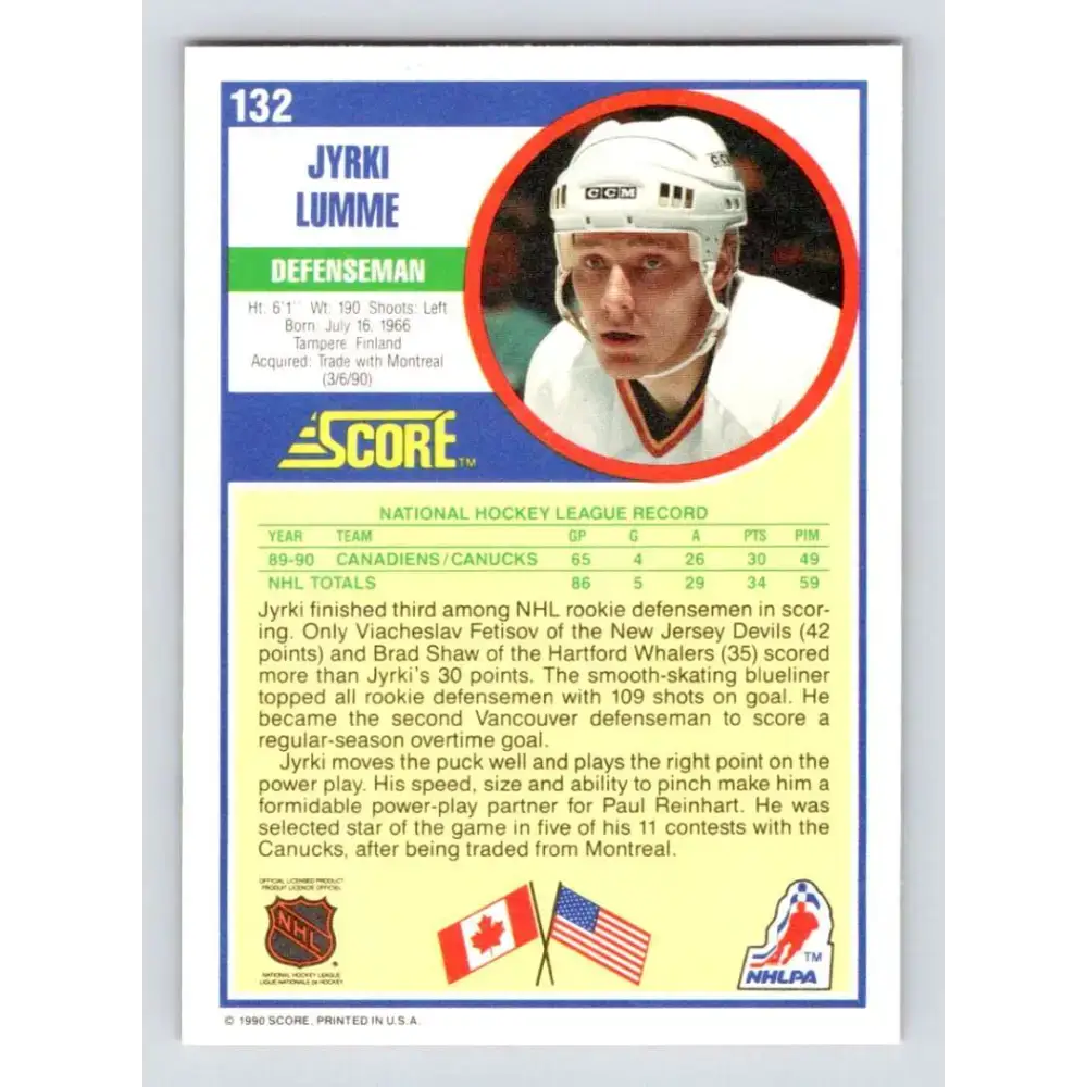 1990-91 Score #132 Jyrki Lumme NM-MT RC Rookie Vancouver Canucks Hockey Card - Hockey Card Single