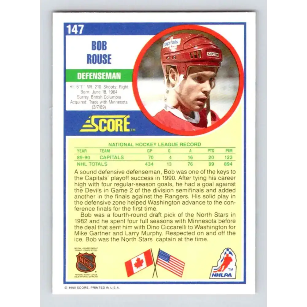 1990-91 Score #147 Bob Rouse NM-MT Washington Capitals Hockey Card - Hockey Card Single