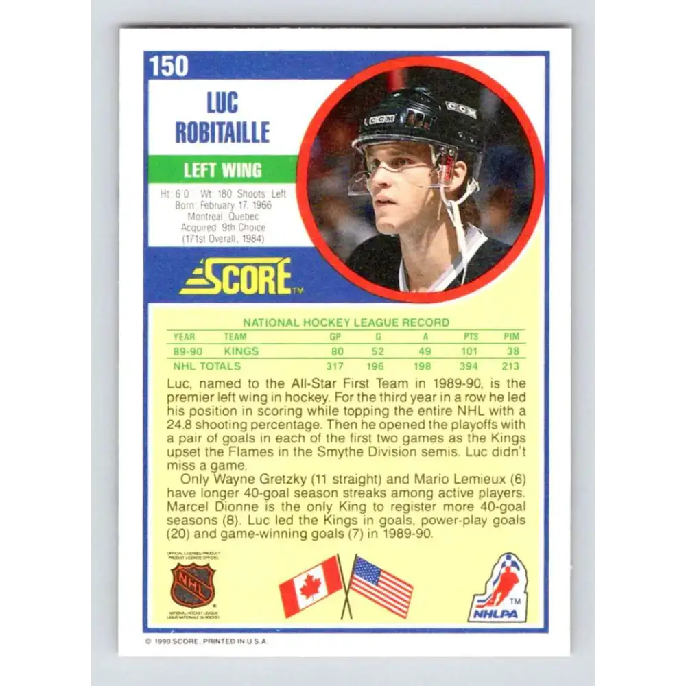 1990-91 Score #150 Luc Robitaille NM-MT Los Angeles Kings Hockey Card - Hockey Card Single