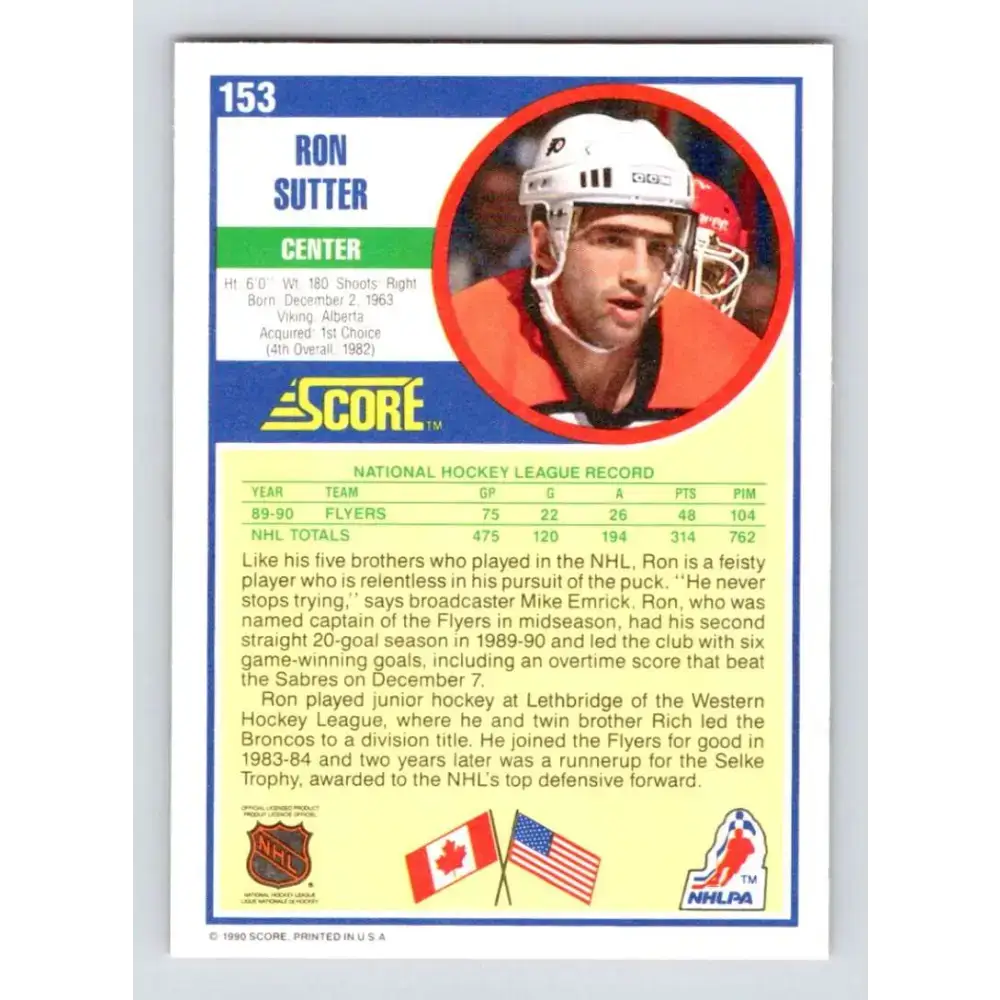 1990-91 Score #153 Ron Sutter NM-MT Philadelphia Flyers Hockey Card - Hockey Card Single