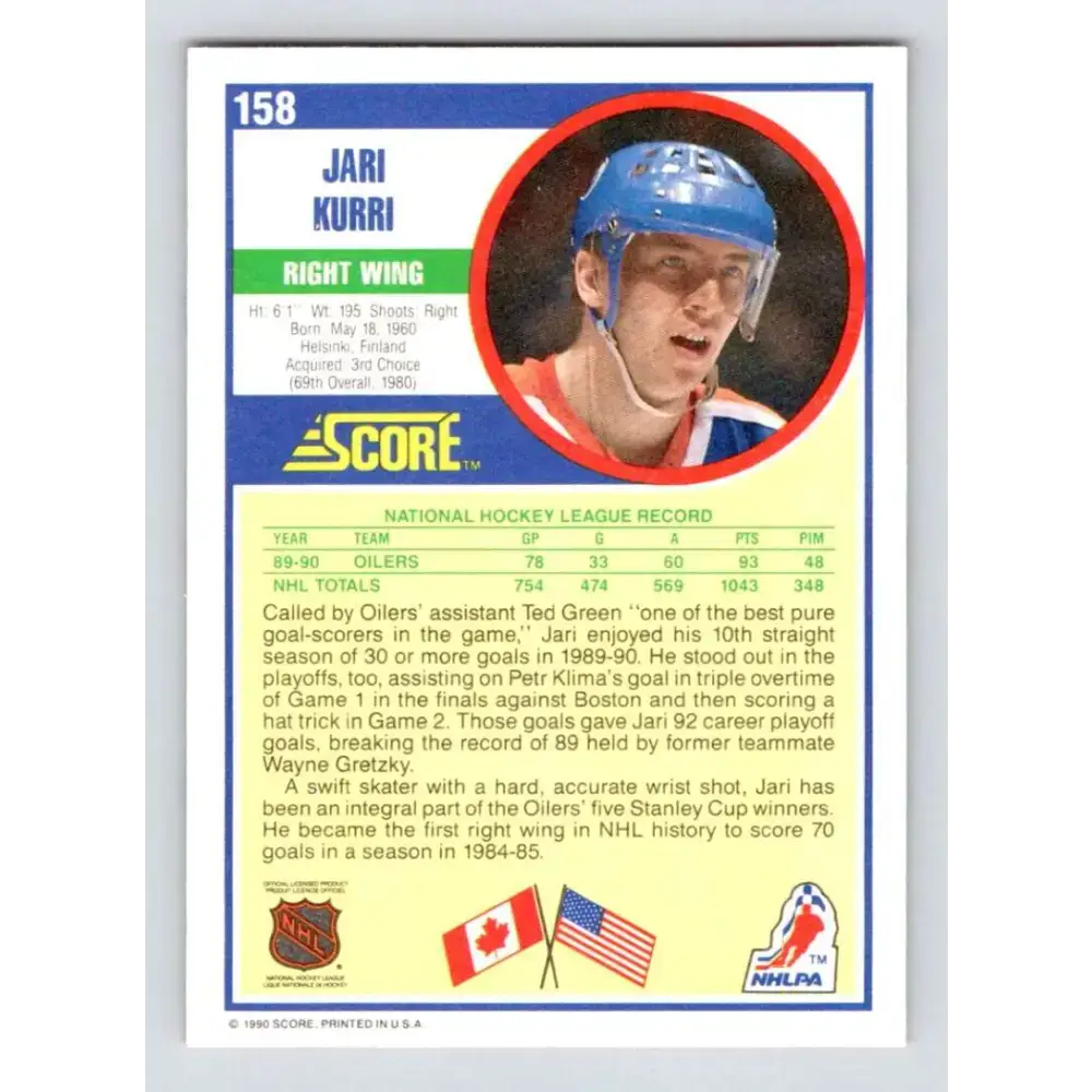 1990-91 Score #158 Jari Kurri NM-MT Edmonton Oilers Hockey Card - Hockey Card Single