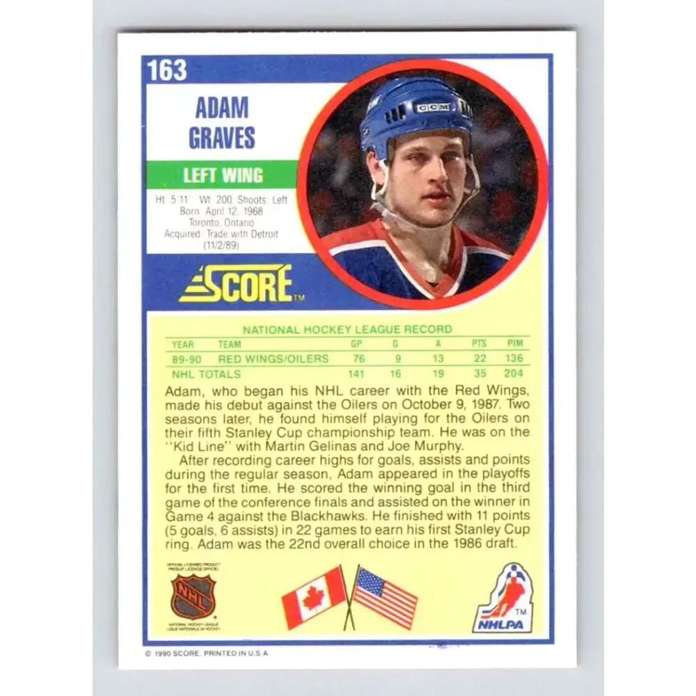 1990-91 Score #163 Adam Graves NM-MT RC Rookie Edmonton Oilers Hockey Card - Hockey Card Single