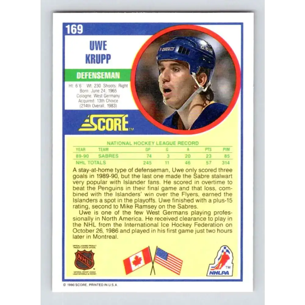 1990-91 Score #169 Uwe Krupp NM-MT Buffalo Sabres Hockey Card - Hockey Card Single