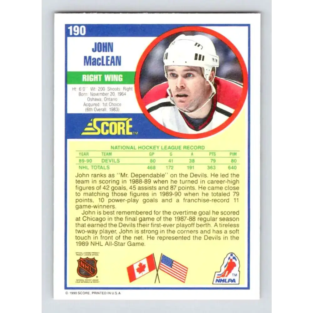 1990-91 Score #190 John MacLean NM-MT New Jersey Devils Hockey Card - Hockey Card Single
