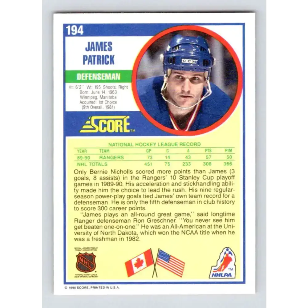 1990-91 Score #194 James Patrick NM-MT New York Rangers Hockey Card - Hockey Card Single