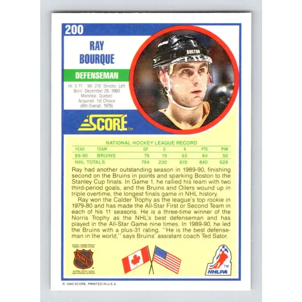 1990-91 Score #200 Ray Bourque NM-MT Boston Bruins Hockey Card - Hockey Card Single