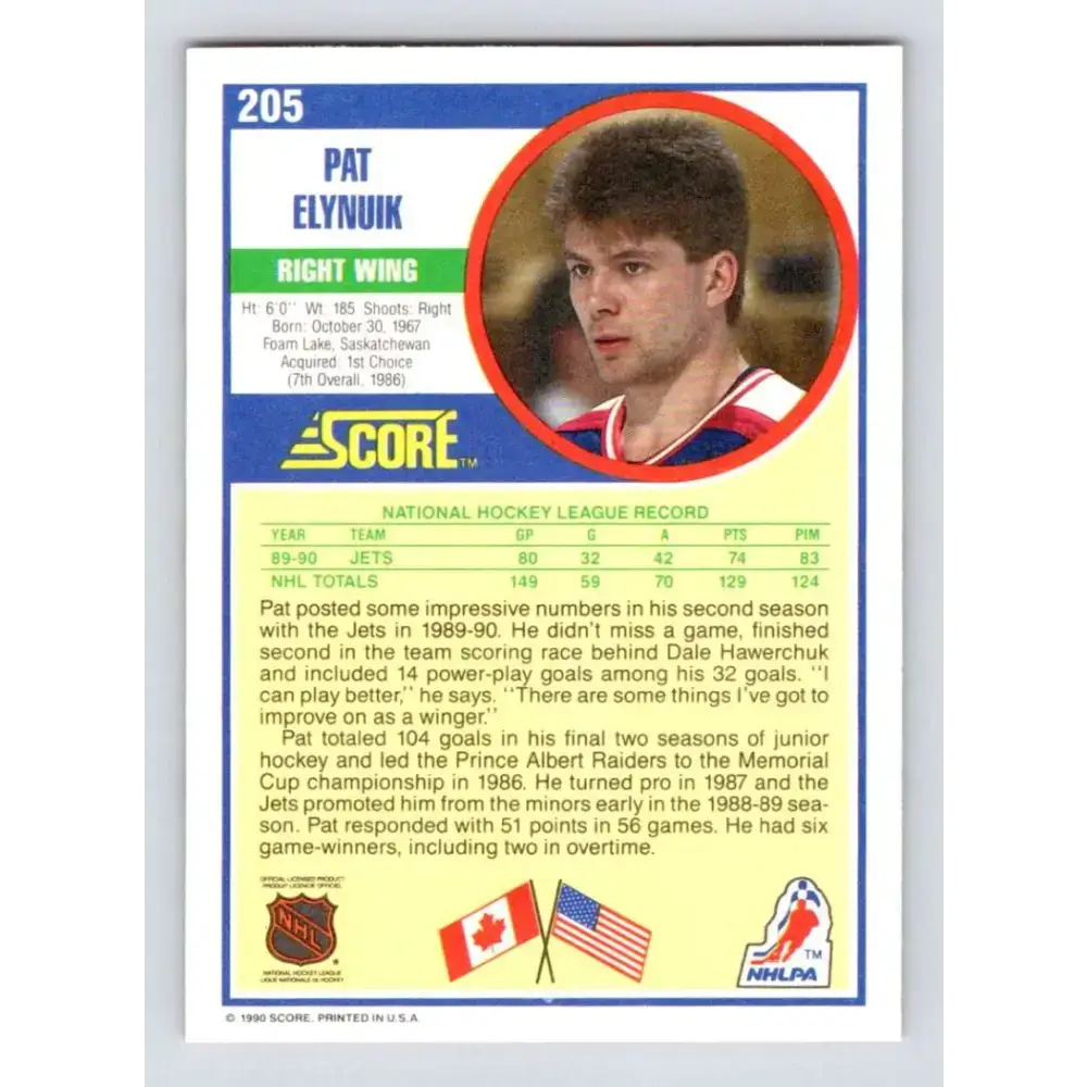 1990-91 Score #205 Pat Elynuik NM-MT Winnipeg Jets Hockey Card - Hockey Card Single