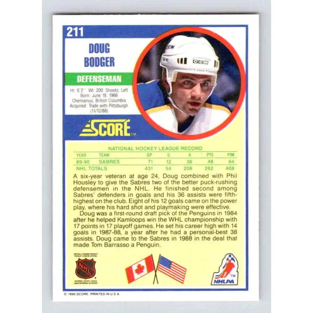 1990-91 Score #211 Doug Bodger NM-MT Buffalo Sabres Hockey Card - Hockey Card Single