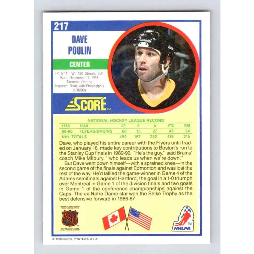 1990-91 Score #217 Dave Poulin NM-MT Boston Bruins Hockey Card - Hockey Card Single
