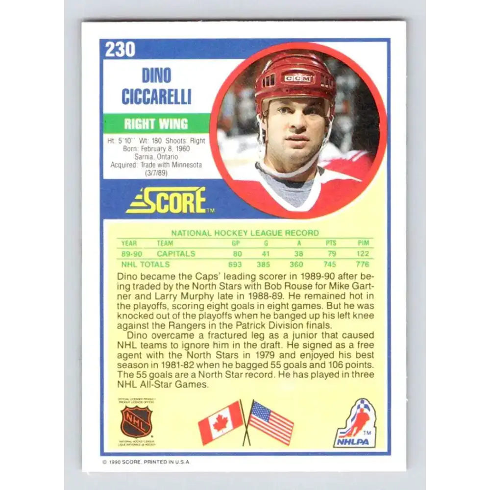 1990-91 Score #230 Dino Ciccarelli NM-MT Washington Capitals Hockey Card - Hockey Card Single